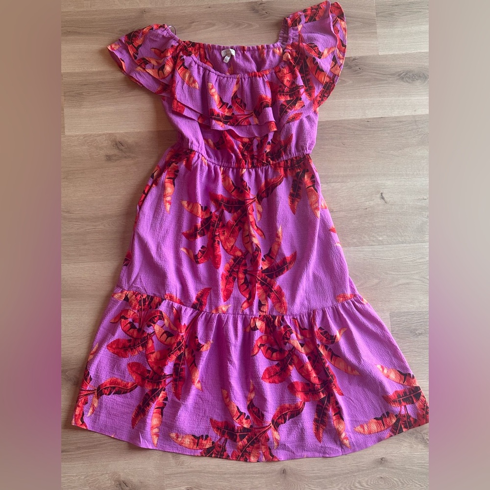 Pink Tropical Print Ruffle Dress